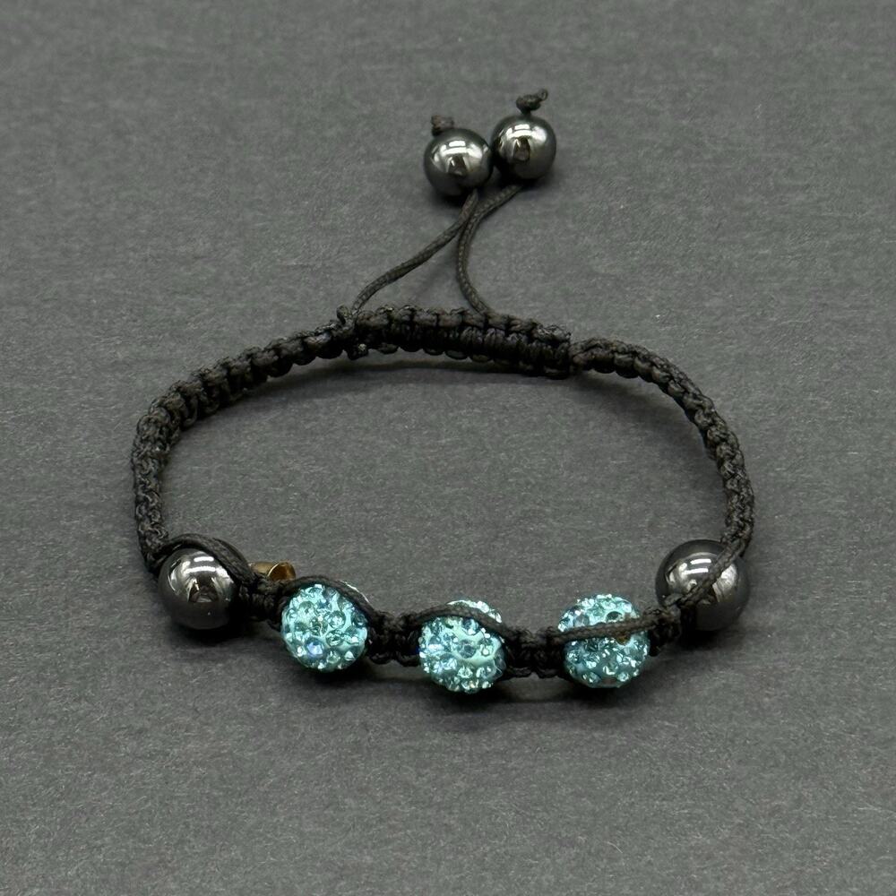 Shamballa Macrame Bracelet Turquoise Blue Crystal Disco Ball Hematite Black Rope